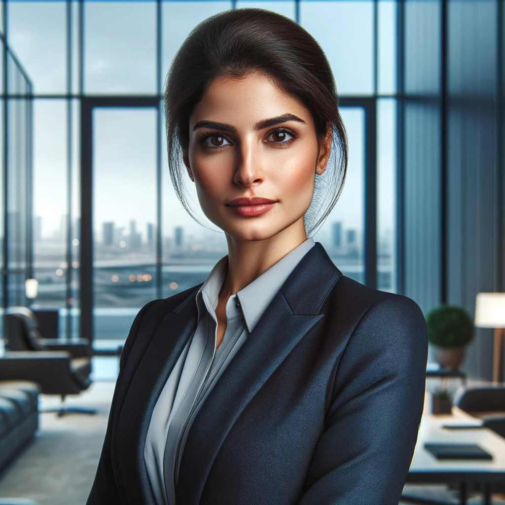 Portrait of a confident Middle-Eastern businesswoman standing in a modern office. She is wearing a professional business suit, exuding competence and determination. The well-lit office behind her features a large window showcasing a city skyline, symbolizing success and ambition.